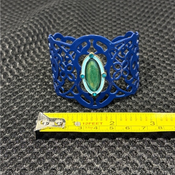 Intricate Blue Cuff Bracelet with Green Accent Rhinestone - Picture 3 of 7
